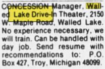 Walake Drive-In Theatre - Mar 1985 Help Wanted Ad (newer photo)